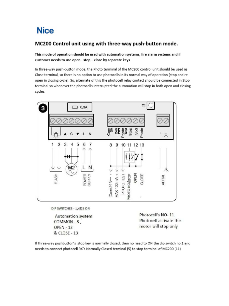 MC200 Control Unit: Three-Way Push-Button Setup | PDF