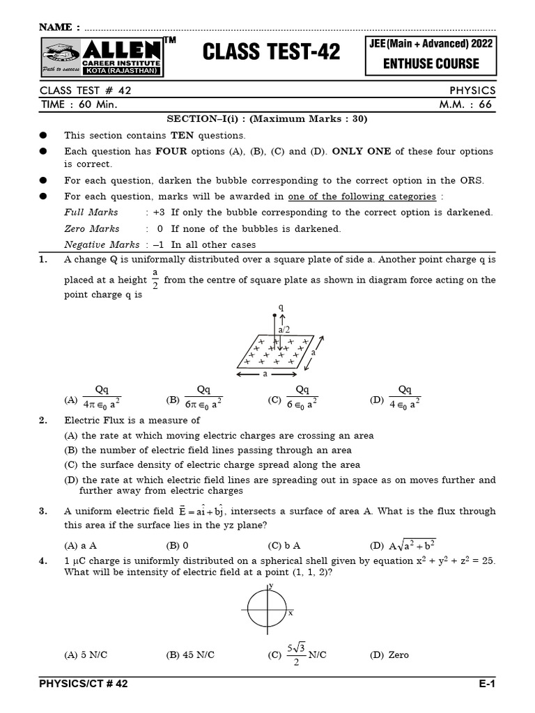 Physics Class Test #42 Overview | PDF | Electric Field | Flux