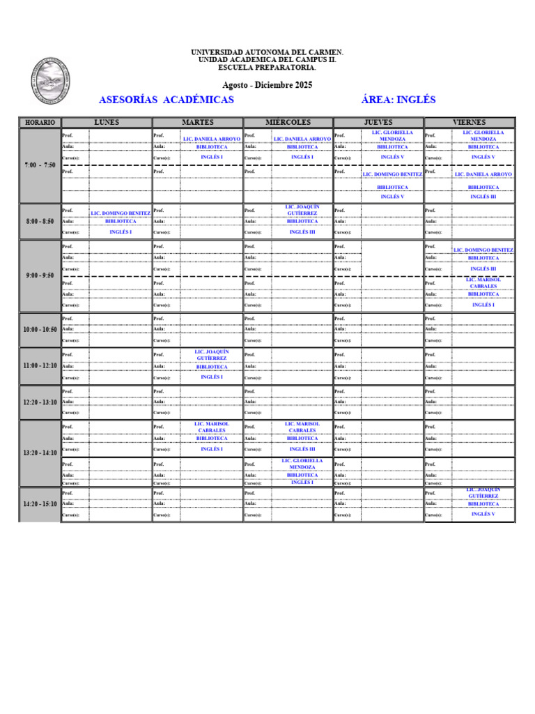 Horario de Clases de Inglés 2025 | PDF