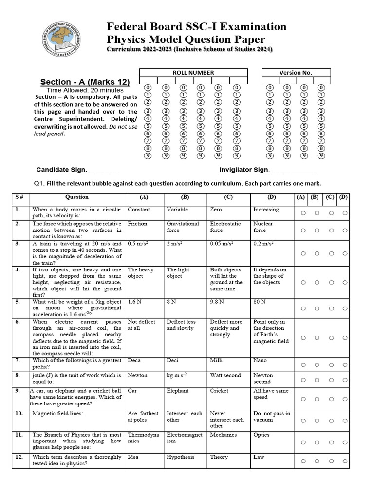 SSC-I Physics Model Paper 2022-2023 | PDF | Force | Magnetism
