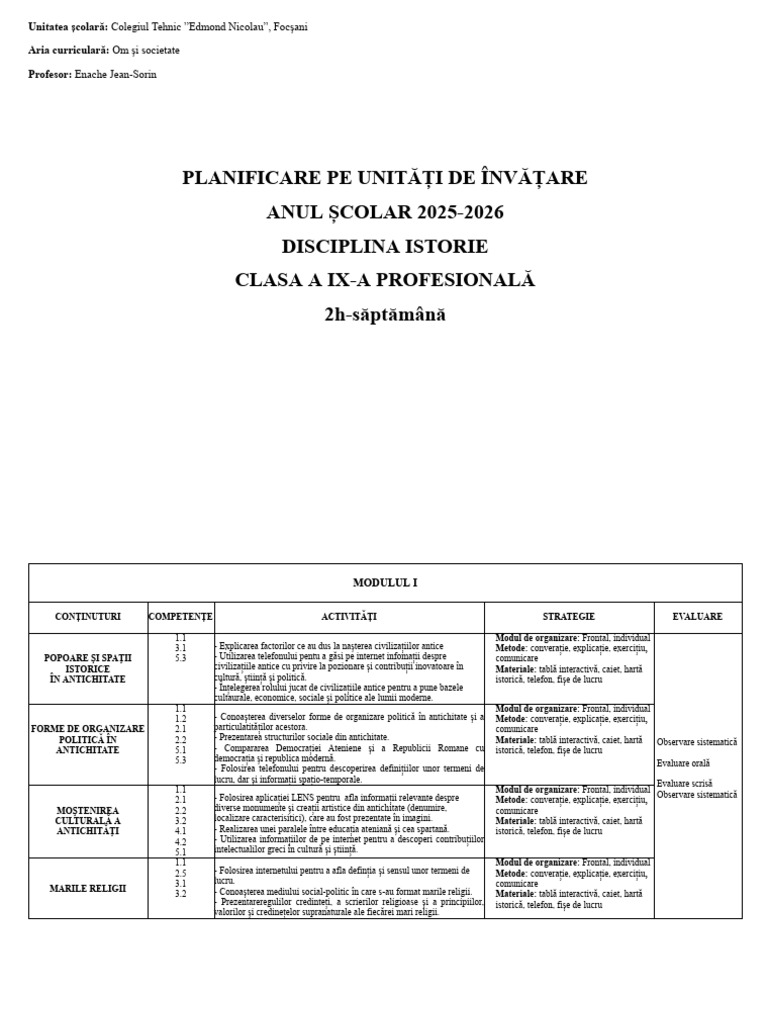 Planificare Pe Unități de Învățare ANUL ȘCOLAR 2025-2026 Disciplina ...