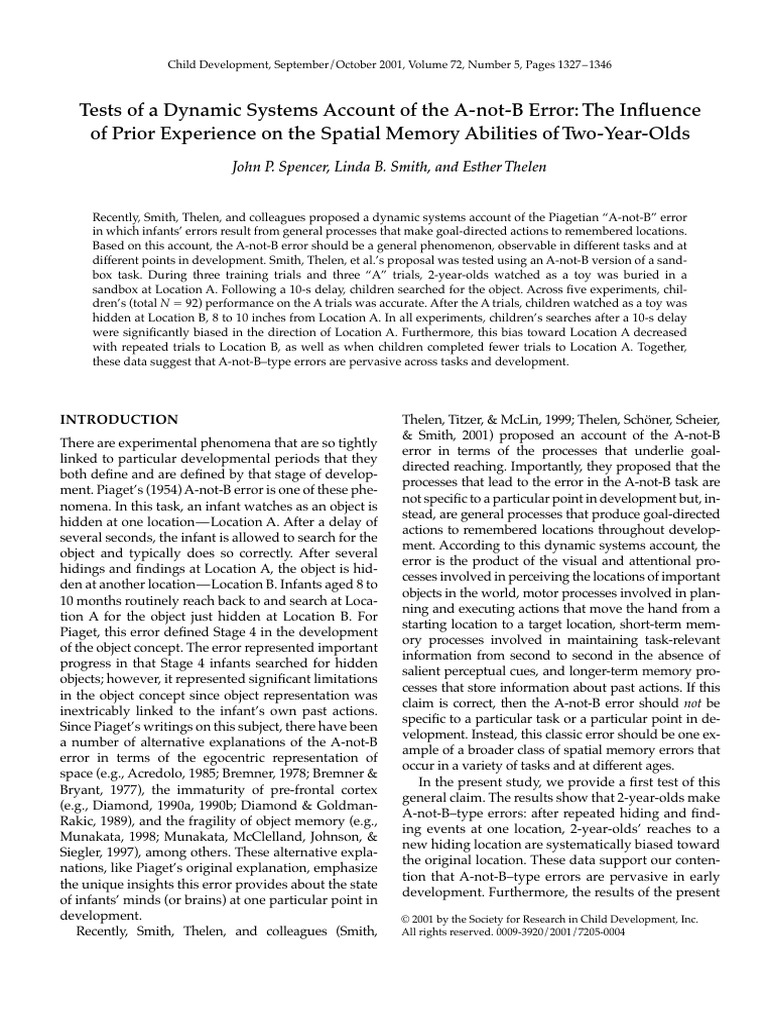Dynamic Systems and A-not-B Error | PDF | Experiment | Memory
