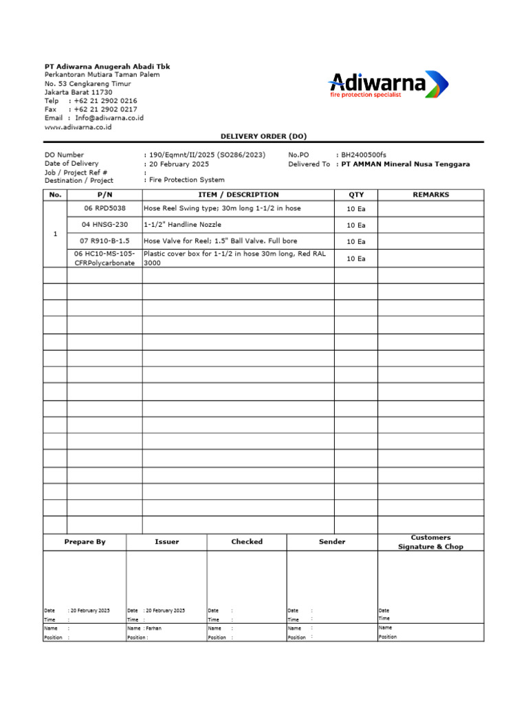 Fire Protection System Delivery Order | PDF