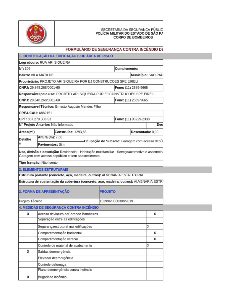 Formulário de Segurança Contra Incêndio SP | PDF