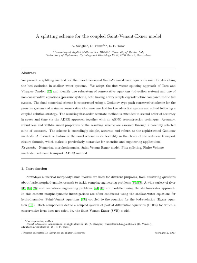 Splitting Method for Saint-Venant-Exner Model | PDF | Equations ...