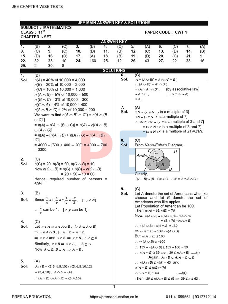 JEE Main Mathematics Answer Key: Sets | PDF | Mathematics