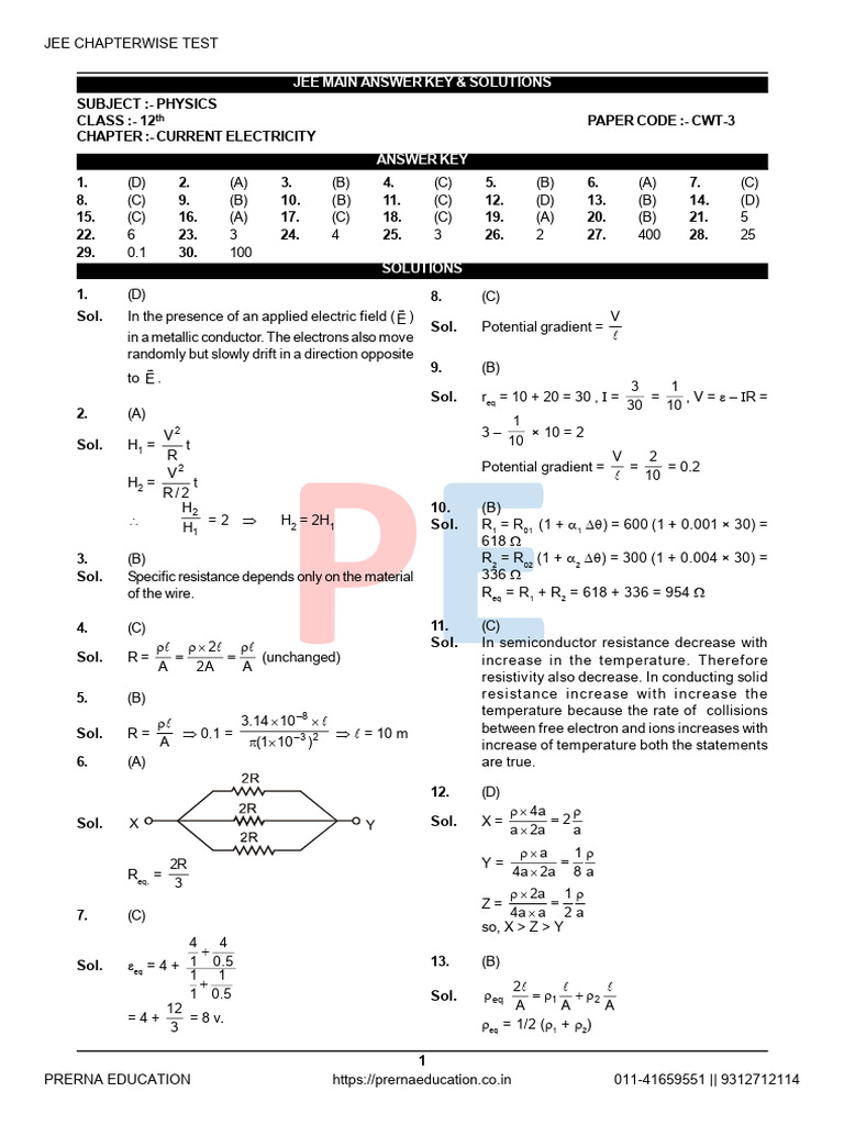 JEE Main Physics Answer Key: Current Electricity | PDF | Electricity ...