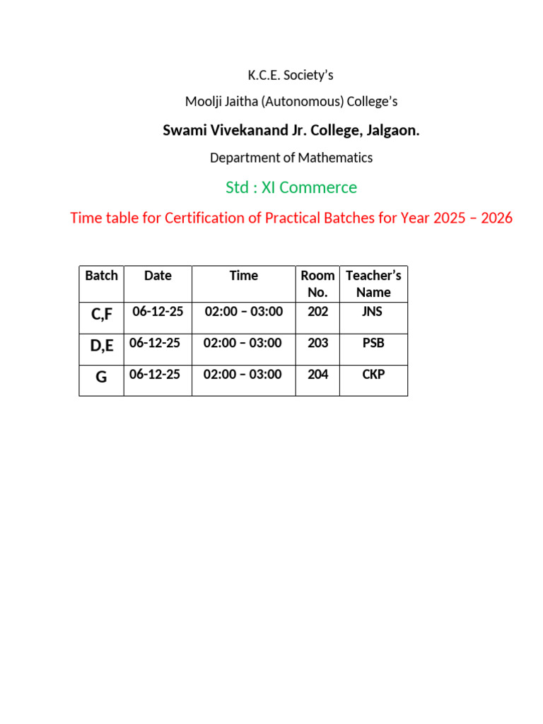 2025-2026 Math Practical Timetable | PDF
