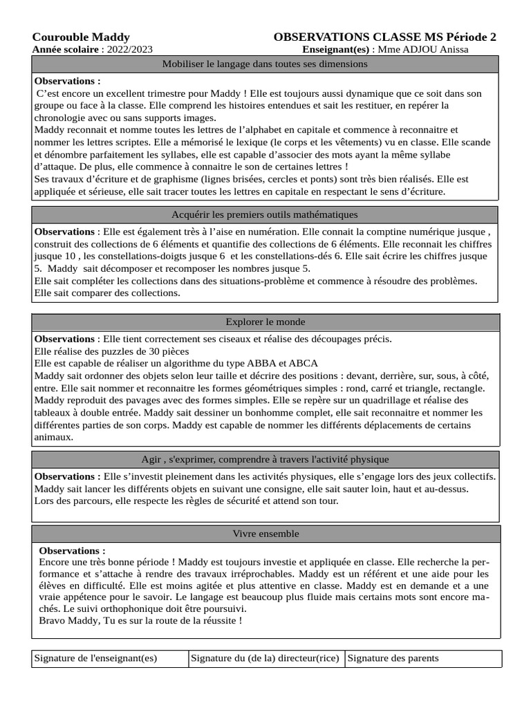 Observations Période 2 MS 2022/2023 | PDF | Mathématiques | Physique