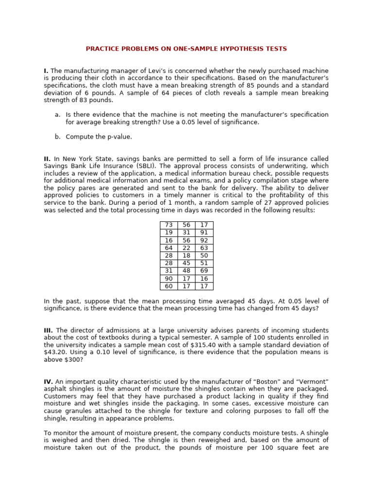 Practice Problems On One Sample Hypothesis Testing | PDF | Life ...