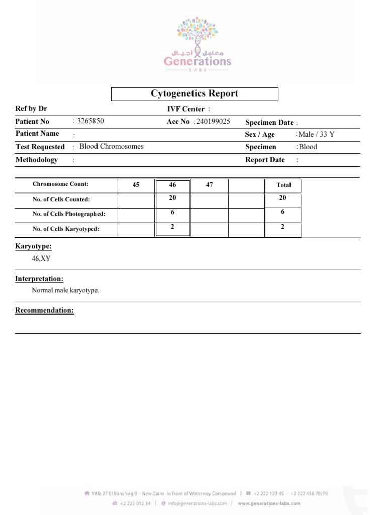 Blood Chromosomes Cytogenetics Report | PDF