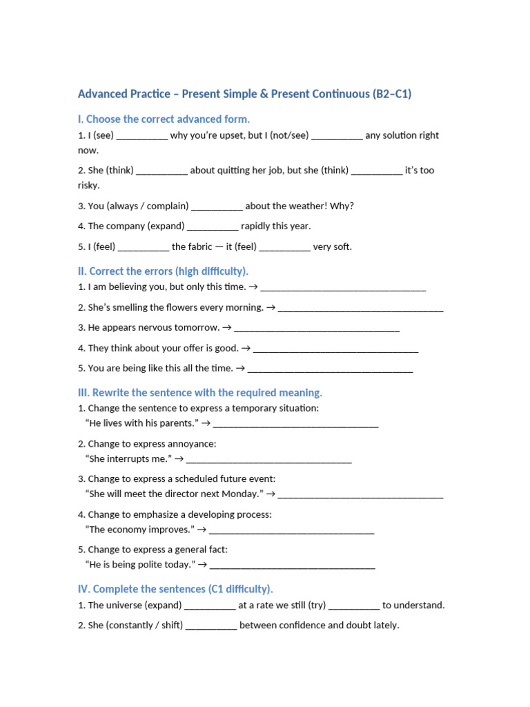 Present Tenses Advanced No Answers | PDF