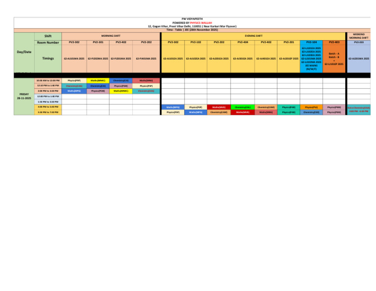 JEE - Time - Table - Week 48 - 28th November 2025 | PDF | Academic ...