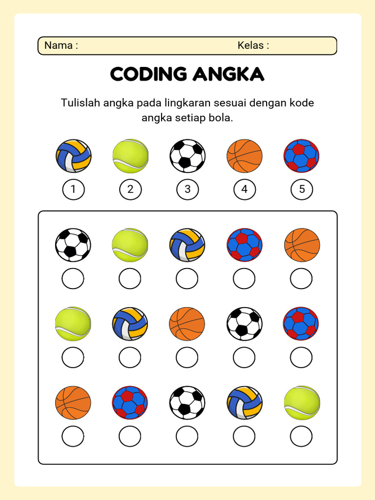 Lembar Kerja Coding Angka Dalam Gaya Ilustrasi Bola Krem Dan Putih | PDF
