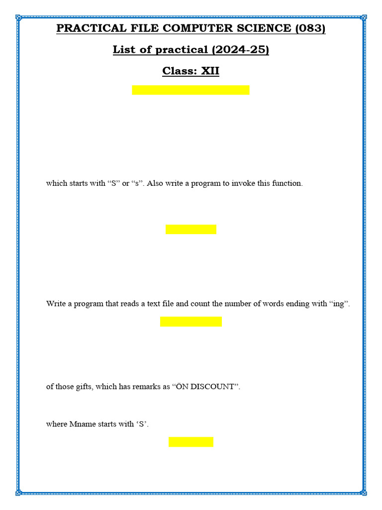 Computer Science Practical File 2024-25 | PDF | String (Computer ...