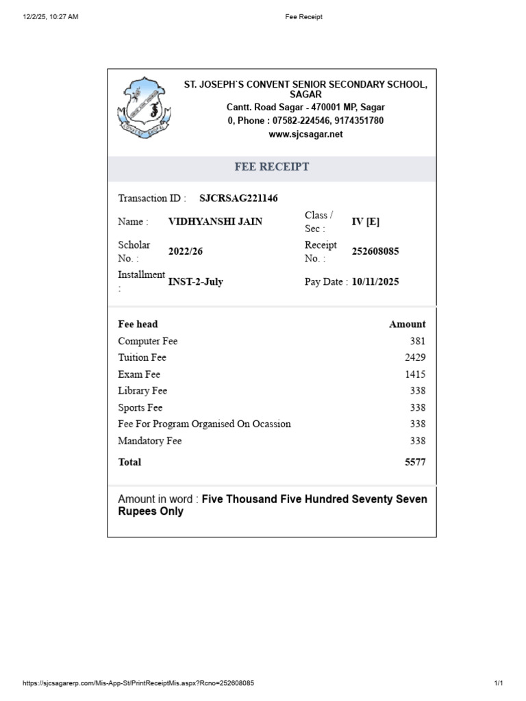 St. Joseph's School Fee Receipt | PDF | Fee | Payments