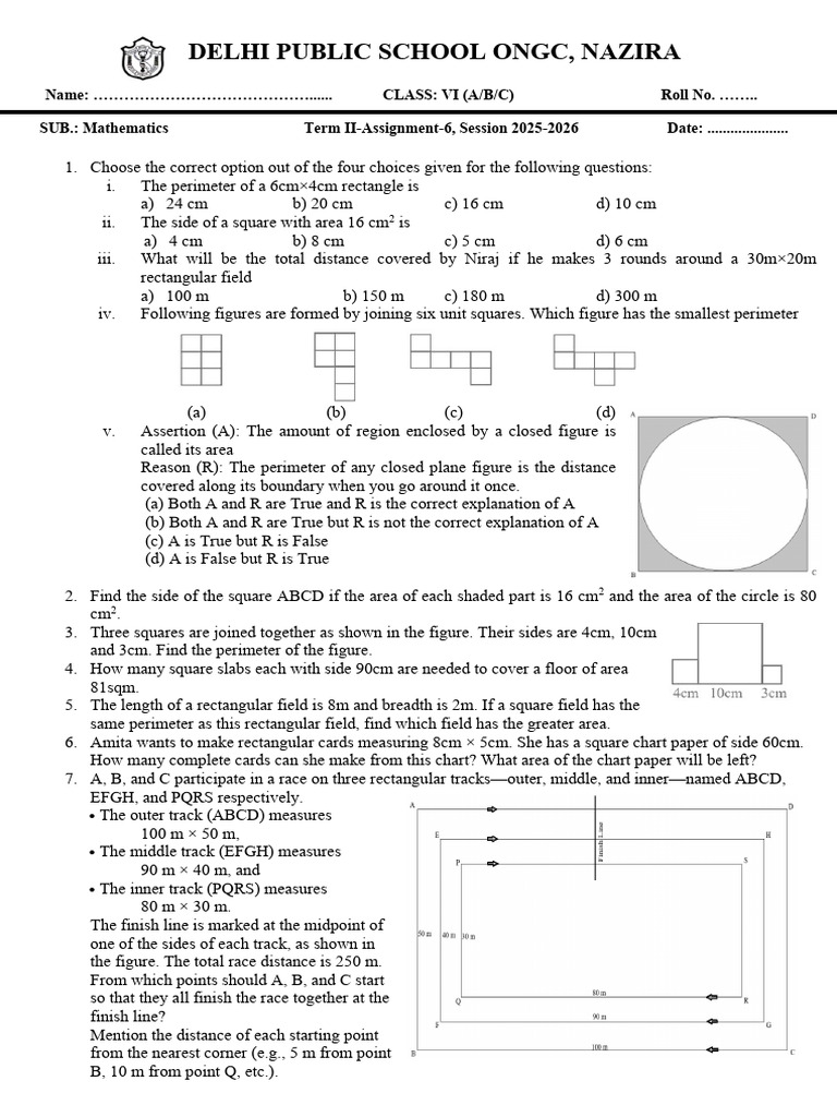 Class VI Mathematics Assignment 2025-2026 | PDF | Area | Geometry