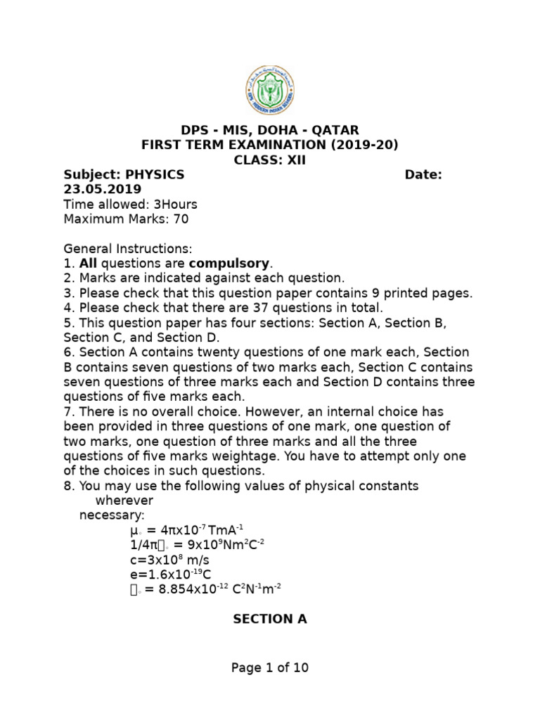 Class XII Physics Exam Paper 2019-20 | PDF | Capacitor | Magnetic Field