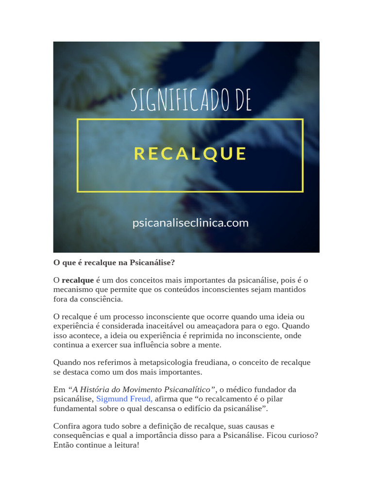 Entenda o Recalque na Psicanálise | PDF | Psicanálise | Mente inconsciente