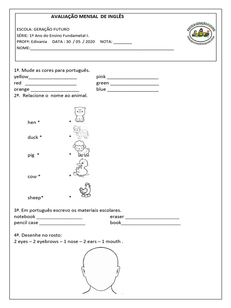 Avaliação Mensal de Inglês - 1º Ano | PDF