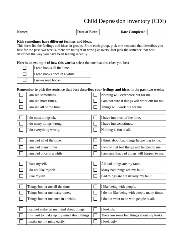 Child Depression Inventory Assessment | PDF