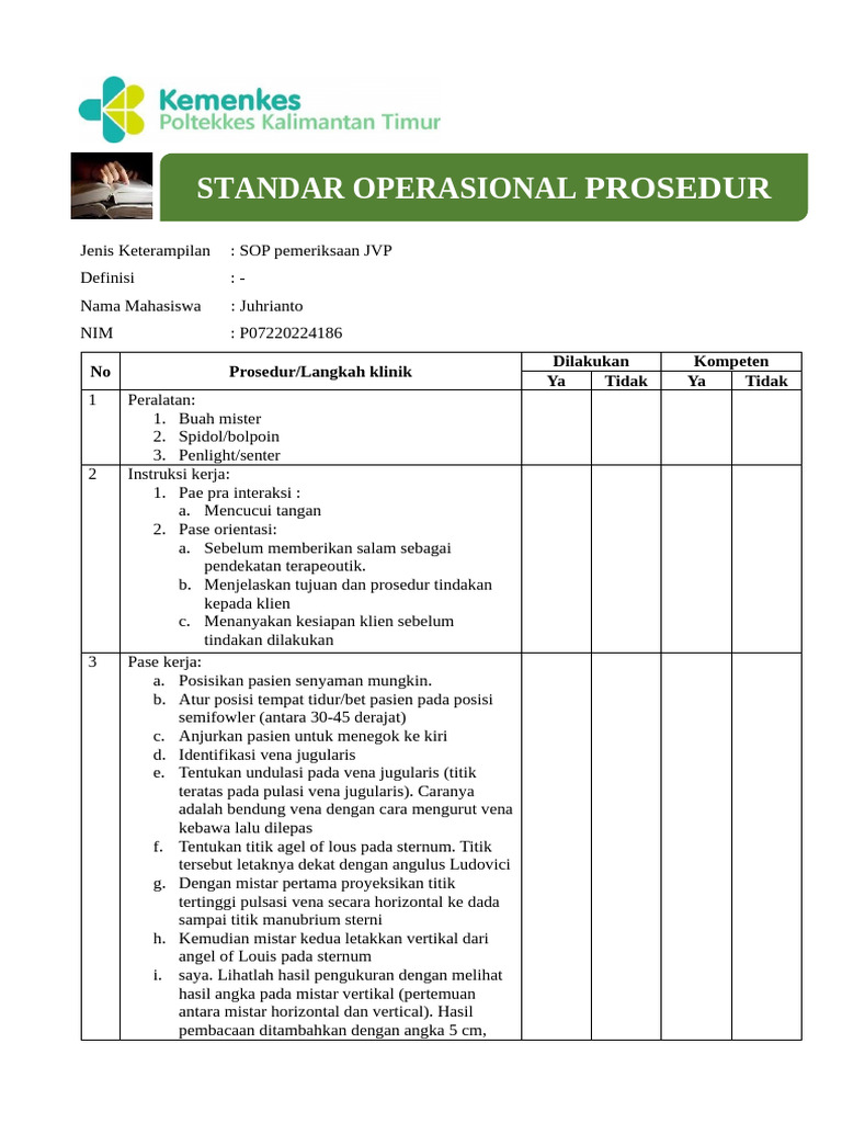 SOP Pemeriksaan JVP untuk Mahasiswa | PDF