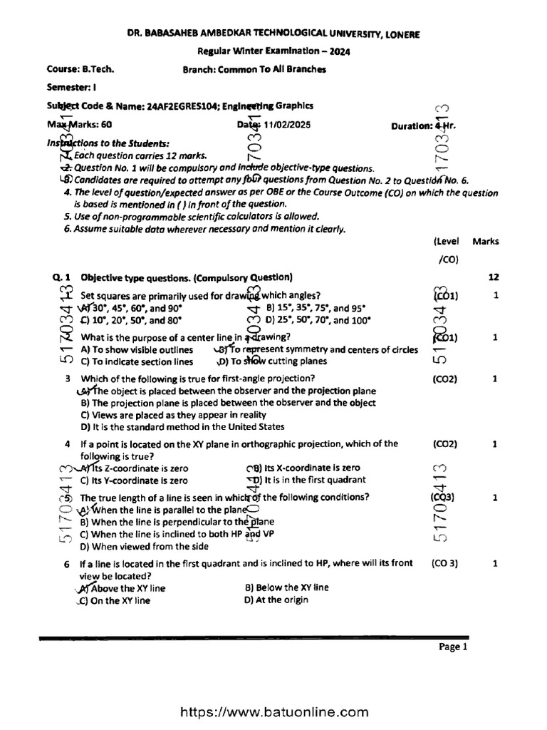 Btech 1 Year Engineering Graphics 24af2egres104 Feb 2025 | PDF