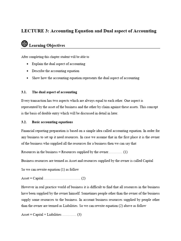 Accounting Equation and Dual Aspect Explained | PDF | Debits And ...