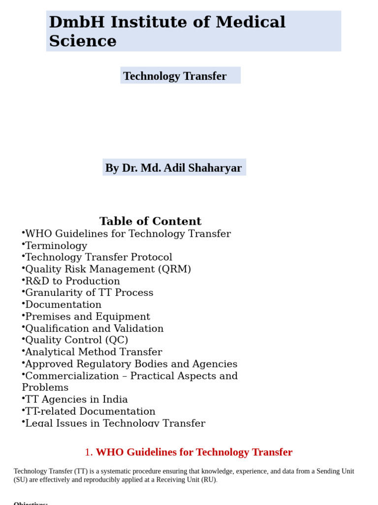 DMBH Institute of Medical Science: Technology Transfer | PDF | Tablet ...
