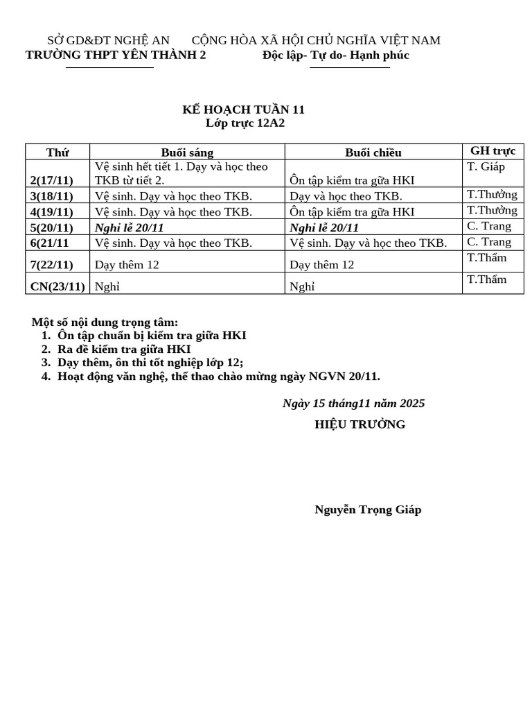 Ke Hoach Tuan 11 | PDF