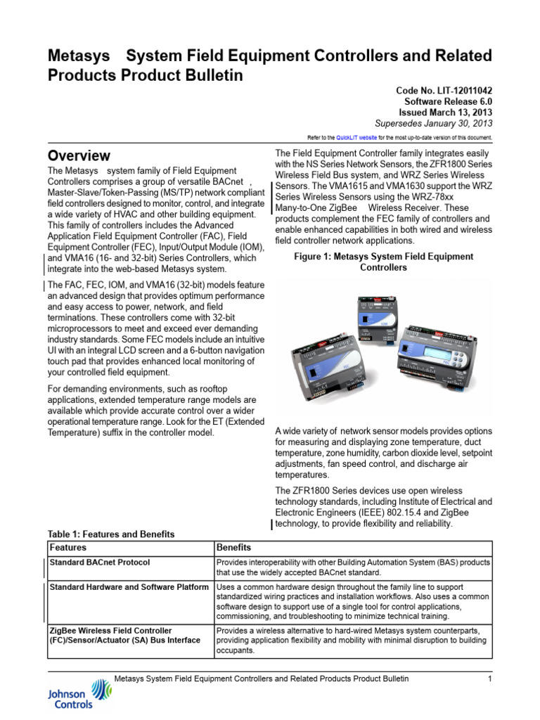 Metasys Field Equipment Controllers Overview | PDF | Analog To Digital ...
