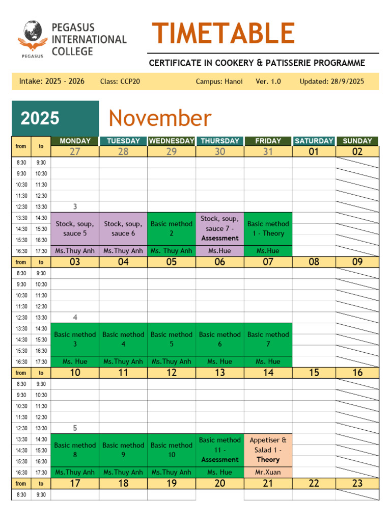 Academic Timetable CCP20 v2.0 251031 CEN | PDF | Cooking | Foods