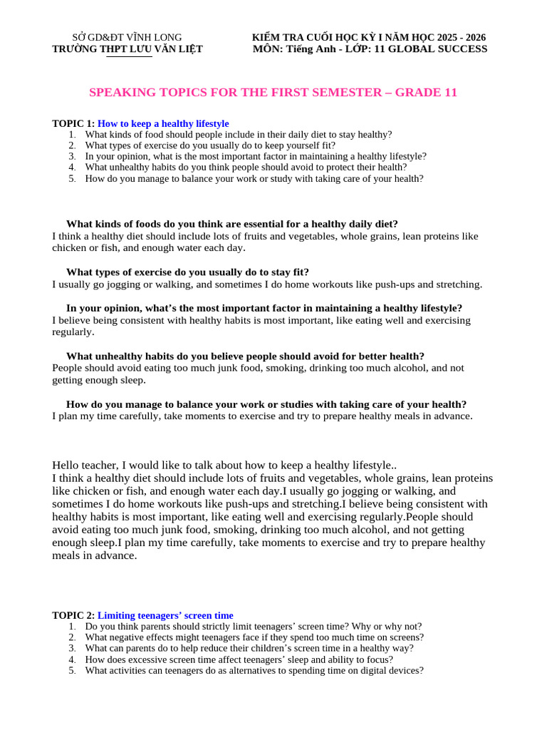 Grade 11 English Speaking Topics | PDF | Adolescence | Healthy Diet