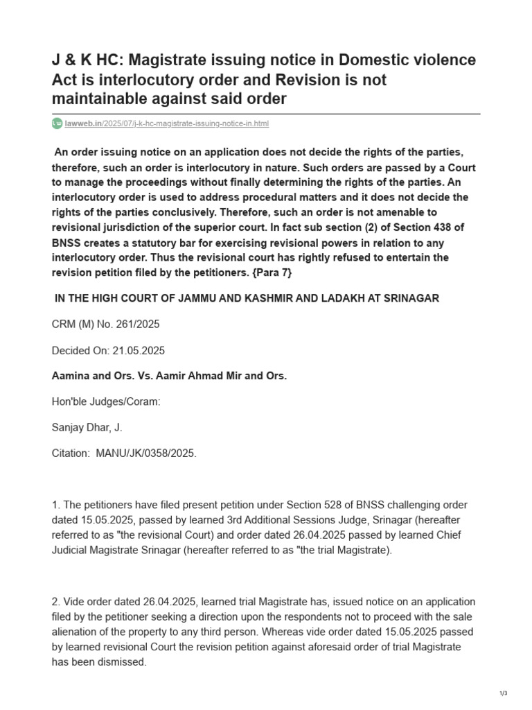 J & K HC Magistrate Issuing Notice in Domestic Violence Act Is ...