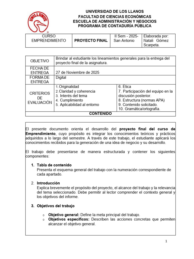 Guía Proyecto Final Emprendimiento 2025 | PDF | Presupuesto | Economias