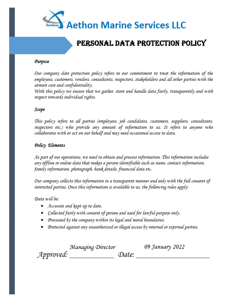 Aethon Marine Data Protection Policy | PDF