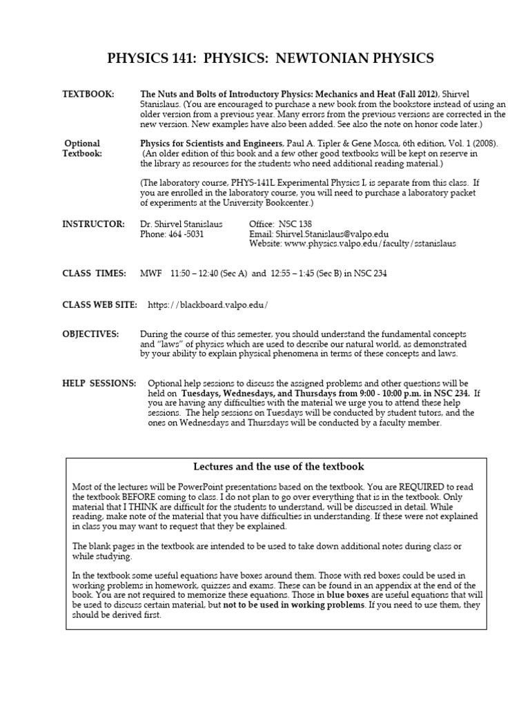 PHYS 141 Newtonian Mechanics | PDF | Textbook | Homework