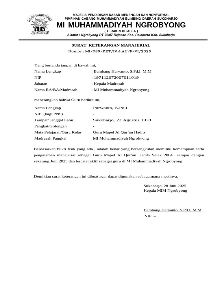 Surat Keterangan Manajerial Guru MI Muhammadiyah | PDF