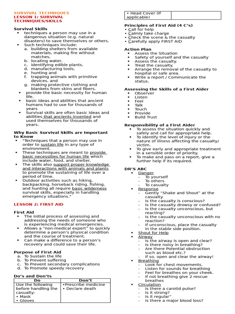 Lesson 1 And 2 Survival Techniques Pdf Survival Skills First Aid