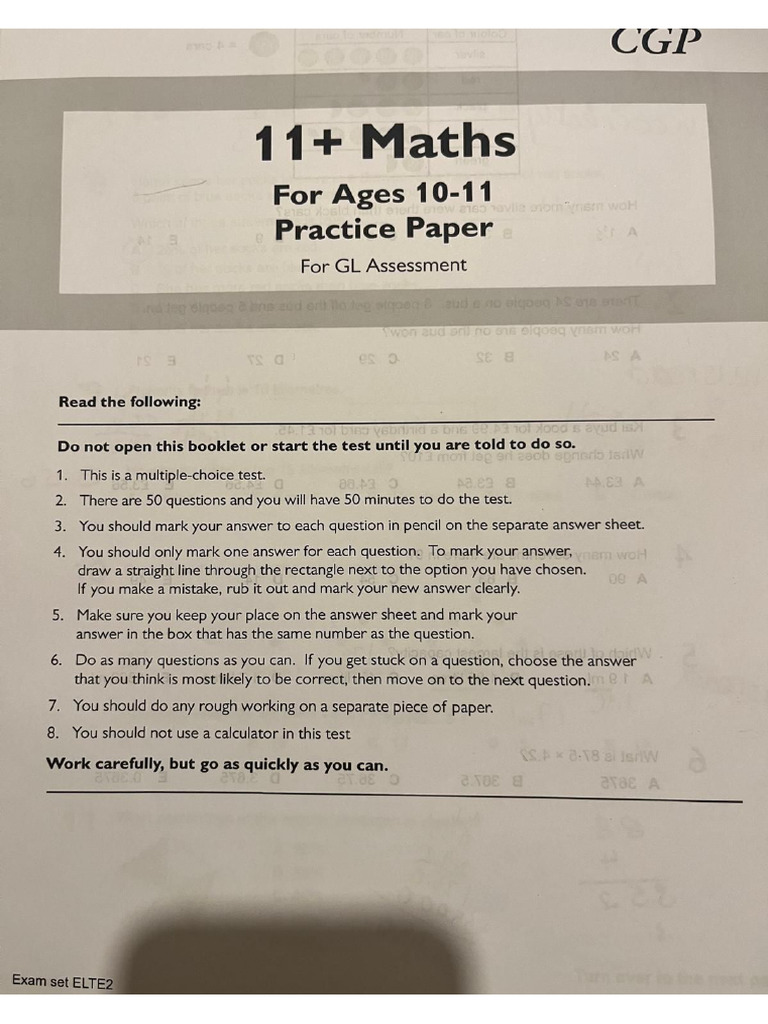 11+ Maths For Ages 10-11 Practice Paper For GL Assessment | PDF
