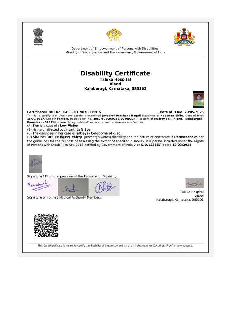 Disability Certificate for Low Vision | PDF