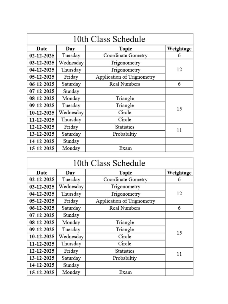 10th Class Math Exam Schedule | PDF