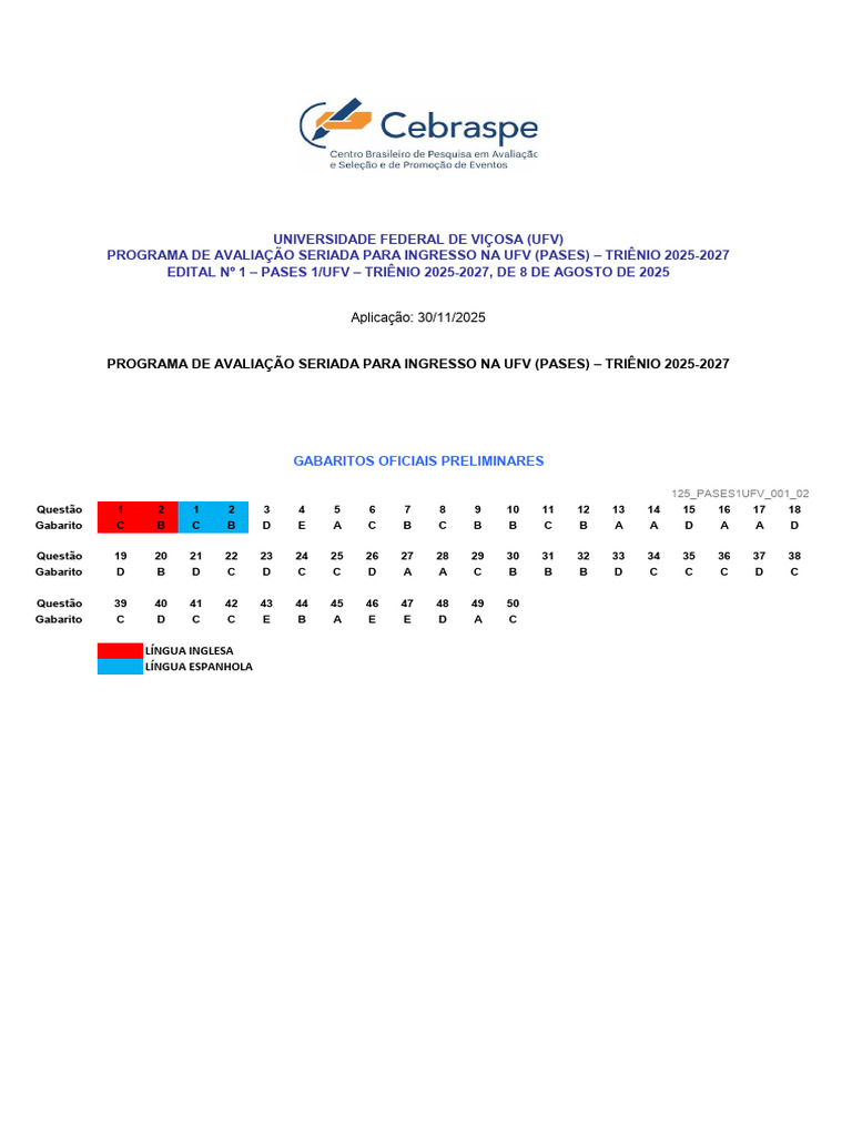 Gabaritos PASES UFV 2025-2027 | PDF