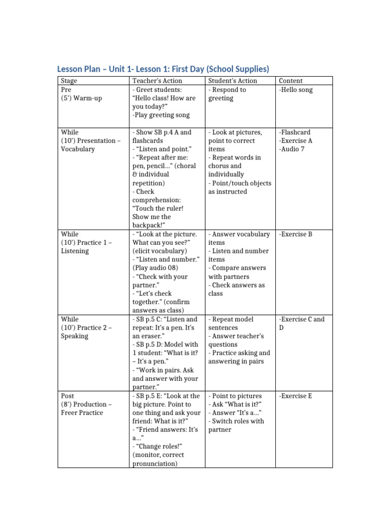 Lesson Plan Up 1 Unit 1 Lesson1(School Supplies) | PDF | Vocabulary ...