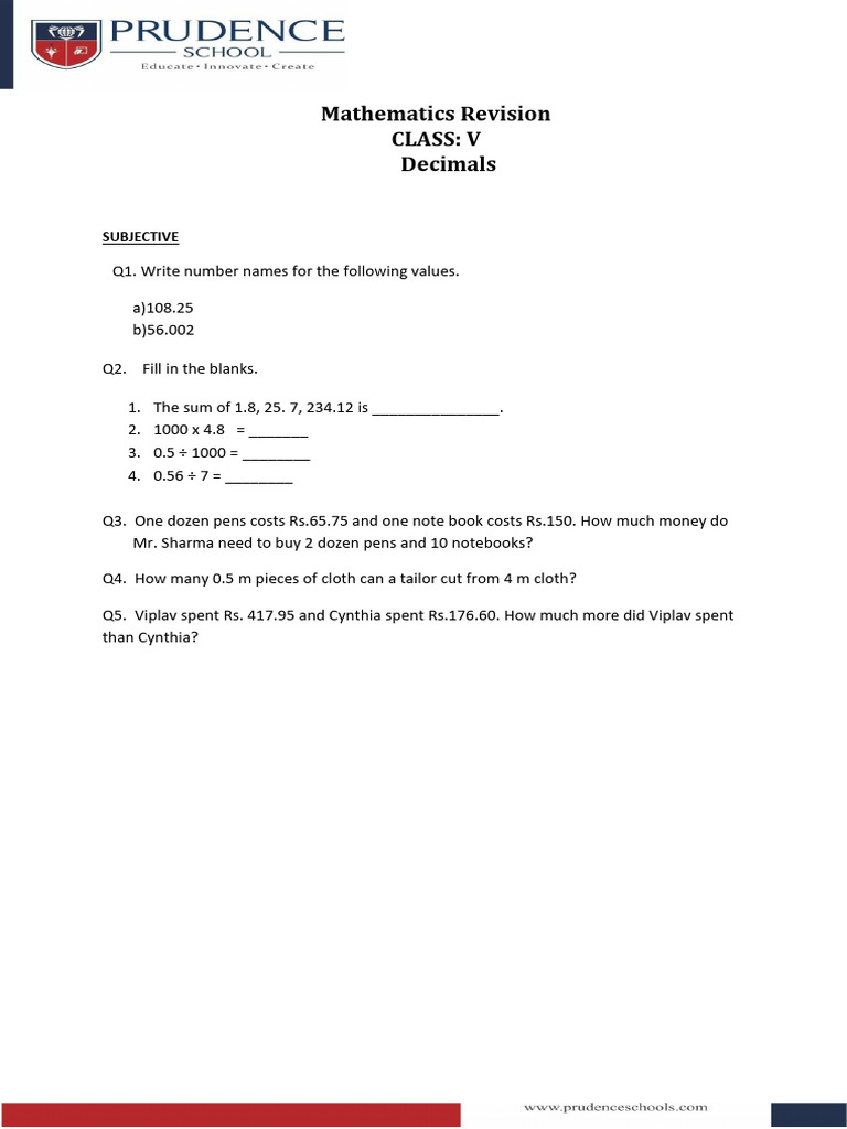 Decimals and Decimal Operations - Subjective | PDF