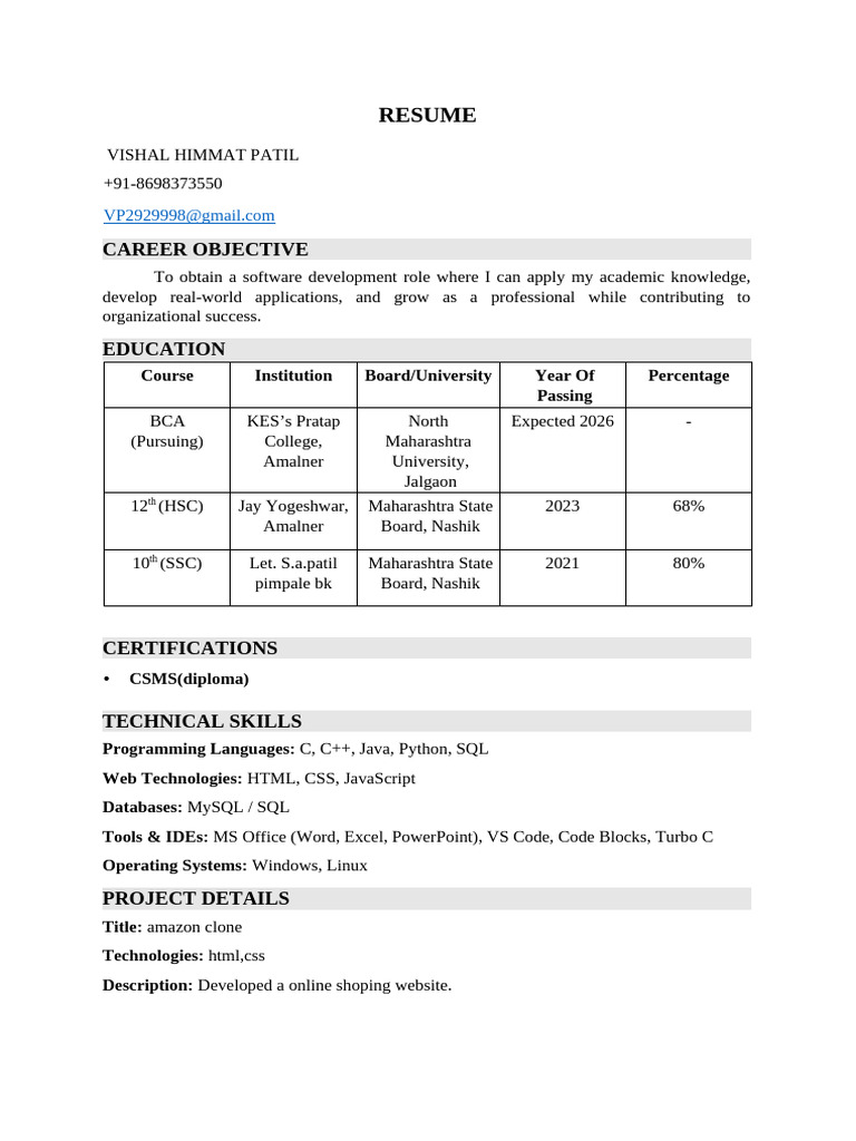 Software Developer Resume of Vishal Patil | PDF