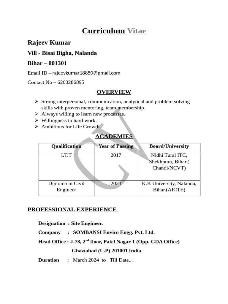 Rajeev Kumar's Civil Engineering CV | PDF