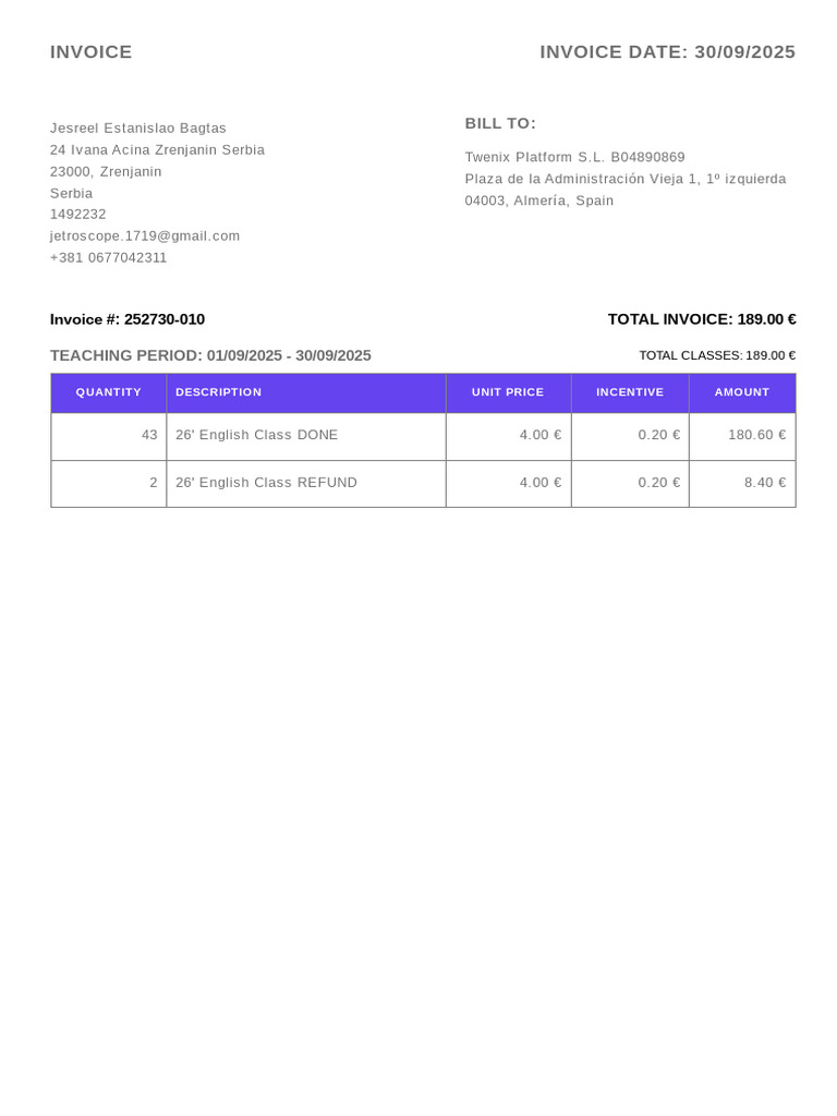 Invoice INVOICE DATE: 30/09/2025: Bill To | PDF