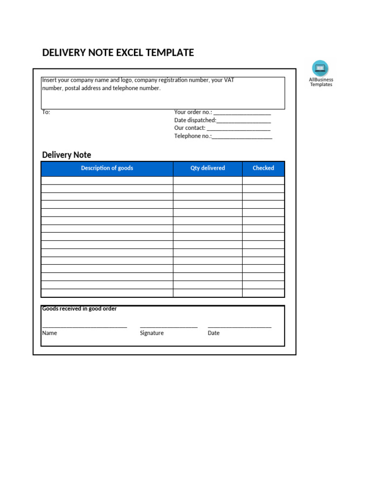 Excel Delivery Note Template | PDF