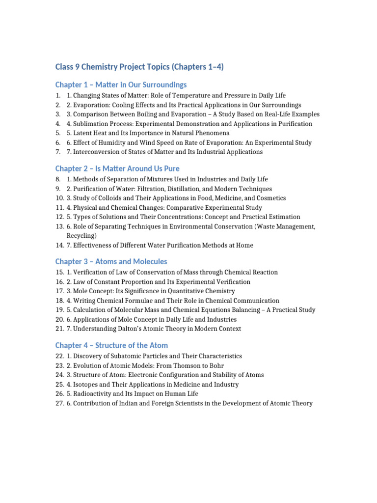Class 9 Chemistry Project Ideas | PDF